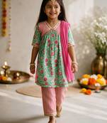 Girls mint green & pink floral print kurta with pant & dupatta