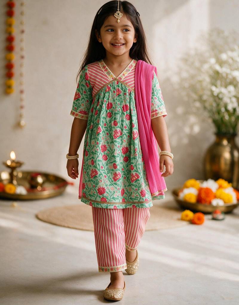 Girls mint green & pink floral print kurta with pant & dupatta