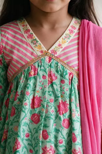 Girls mint green & pink floral print kurta with pant & dupatta