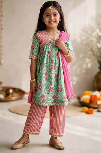 Girls mint green & pink floral print kurta with pant & dupatta
