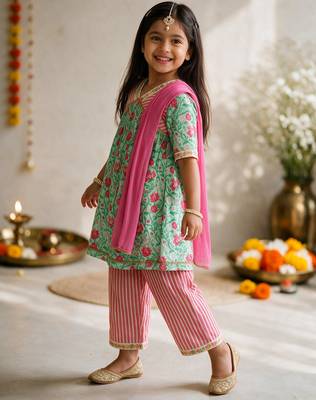 Girls mint green & pink floral print kurta with pant & dupatta 4