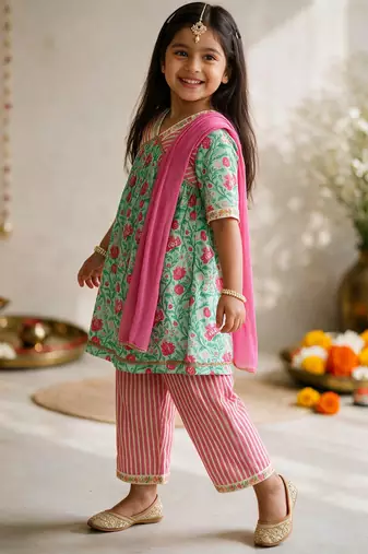 Girls mint green & pink floral print kurta with pant & dupatta