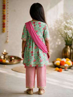Girls mint green & pink floral print kurta with pant & dupatta 5