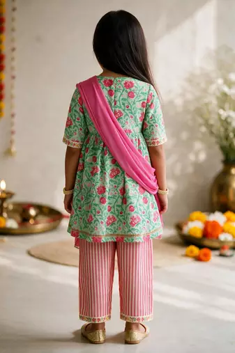 Girls mint green & pink floral print kurta with pant & dupatta
