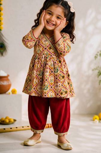 Sishu girls mustard & red patola print cotton angarakha kurta with pant