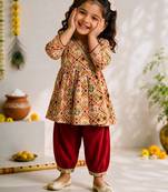 Sishu girls mustard & red patola print cotton angarakha kurta with pant