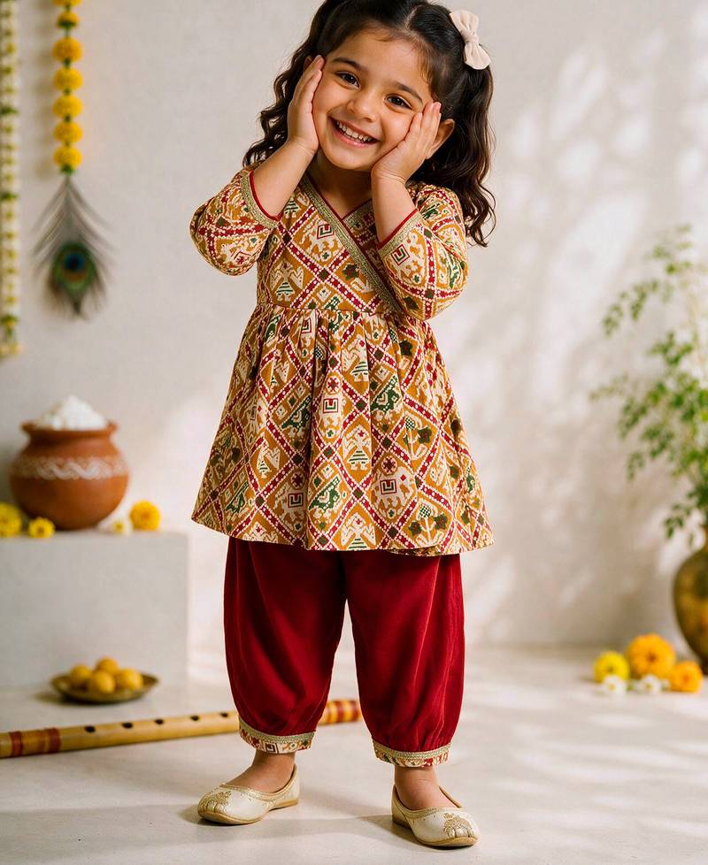 Sishu girls mustard & red patola print cotton angarakha kurta with pant