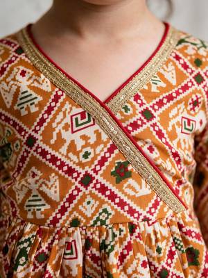 Sishu girls mustard & red patola print cotton angarakha kurta with pant 2
