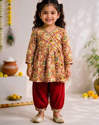 Sishu girls mustard & red patola print cotton angarakha kurta with pant 3