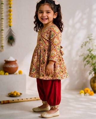 Sishu girls mustard & red patola print cotton angarakha kurta with pant 4
