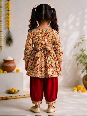 Sishu girls mustard & red patola print cotton angarakha kurta with pant 5