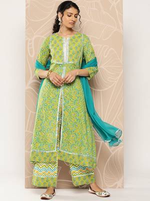 Floral Printed Mirror Work Pure Cotton Kurta With Palazzos & Dupatta 1