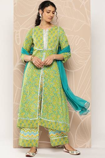 Floral Printed Mirror Work Pure Cotton Kurta With Palazzos & Dupatta