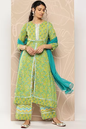 Floral Printed Mirror Work Pure Cotton Kurta With Palazzos & Dupatta