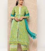 Floral Printed Mirror Work Pure Cotton Kurta With Palazzos & Dupatta