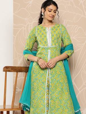Floral Printed Mirror Work Pure Cotton Kurta With Palazzos & Dupatta 2