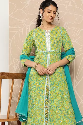 Floral Printed Mirror Work Pure Cotton Kurta With Palazzos & Dupatta