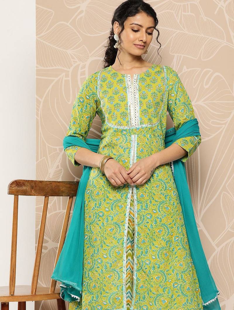 Floral Printed Mirror Work Pure Cotton Kurta With Palazzos & Dupatta