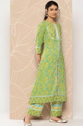 Floral Printed Mirror Work Pure Cotton Kurta With Palazzos & Dupatta