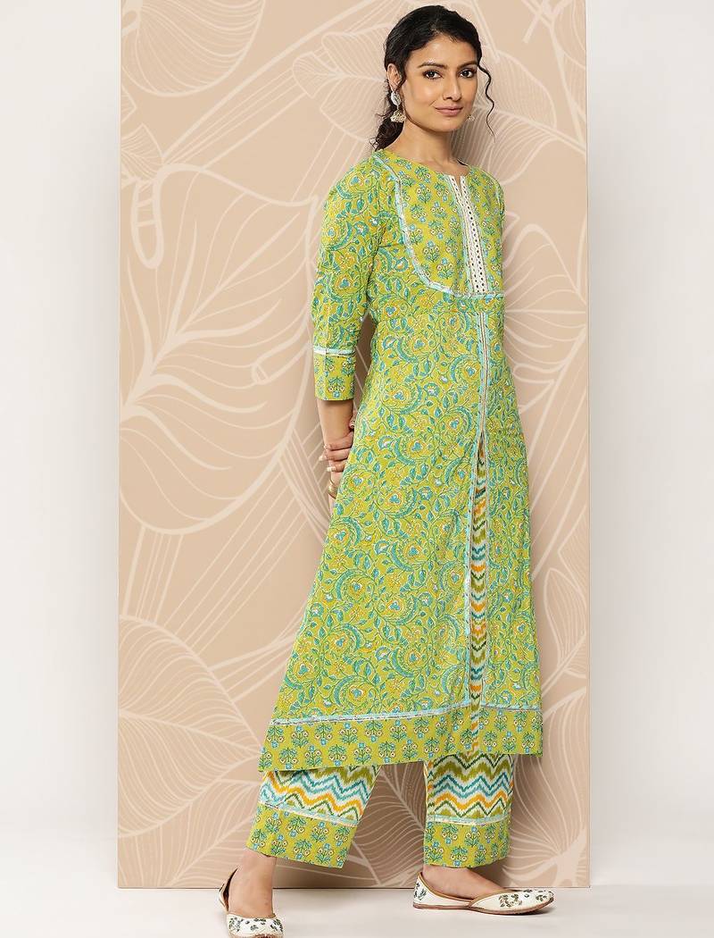 Floral Printed Mirror Work Pure Cotton Kurta With Palazzos & Dupatta