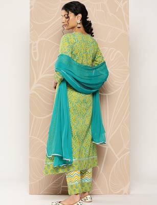 Floral Printed Mirror Work Pure Cotton Kurta With Palazzos & Dupatta 4
