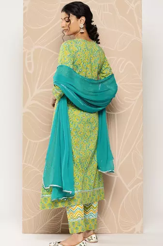 Floral Printed Mirror Work Pure Cotton Kurta With Palazzos & Dupatta