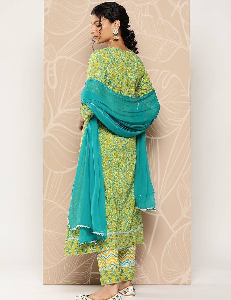 Floral Printed Mirror Work Pure Cotton Kurta With Palazzos & Dupatta