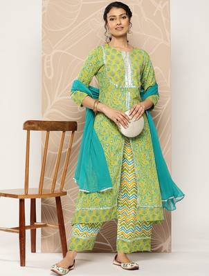 Floral Printed Mirror Work Pure Cotton Kurta With Palazzos & Dupatta 5