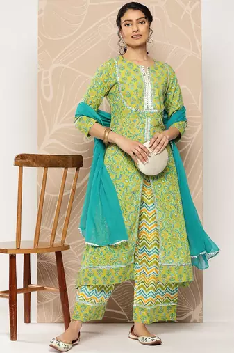 Floral Printed Mirror Work Pure Cotton Kurta With Palazzos & Dupatta