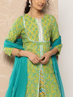 Floral Printed Mirror Work Pure Cotton Kurta With Palazzos & Dupatta 6