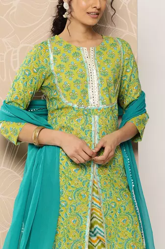 Floral Printed Mirror Work Pure Cotton Kurta With Palazzos & Dupatta
