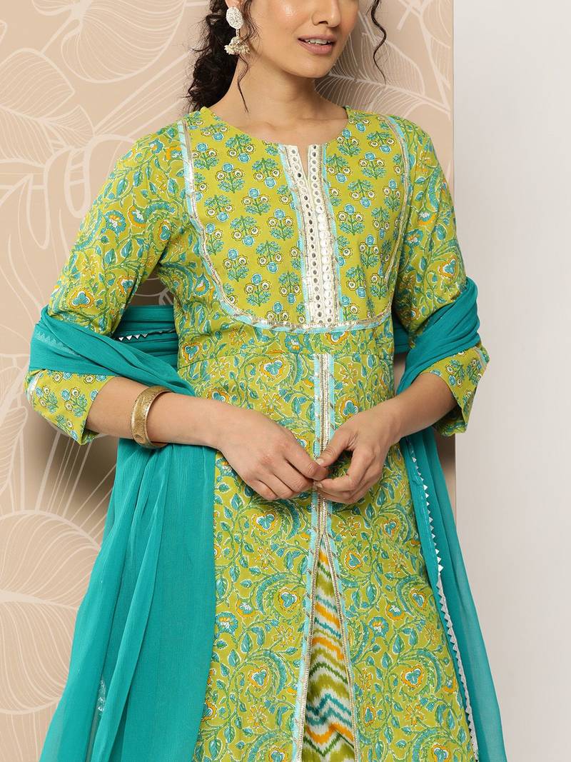Floral Printed Mirror Work Pure Cotton Kurta With Palazzos & Dupatta