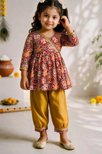 Sishu girls red & mustard patola print cotton angarakha kurta with pant