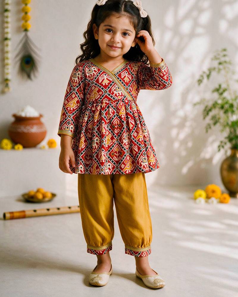 Sishu girls red & mustard patola print cotton angarakha kurta with pant