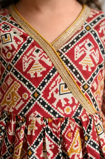 Sishu girls red & mustard patola print cotton angarakha kurta with pant