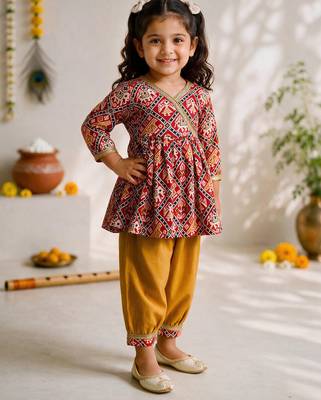 Sishu girls red & mustard patola print cotton angarakha kurta with pant 3