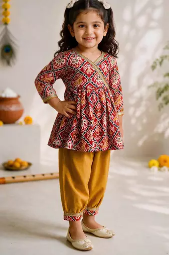 Sishu girls red & mustard patola print cotton angarakha kurta with pant