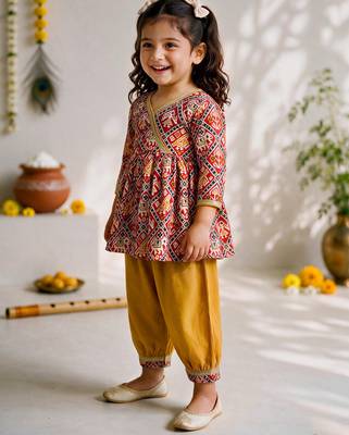 Sishu girls red & mustard patola print cotton angarakha kurta with pant 4