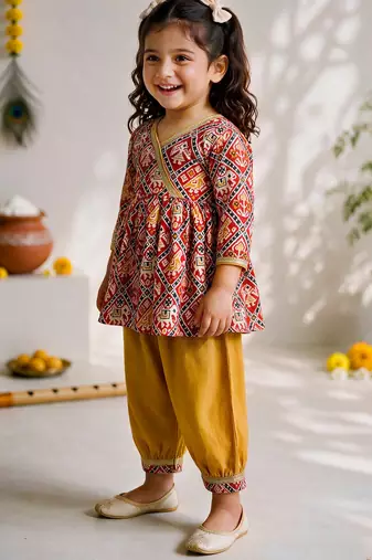 Sishu girls red & mustard patola print cotton angarakha kurta with pant