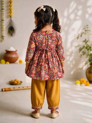 Sishu girls red & mustard patola print cotton angarakha kurta with pant 5