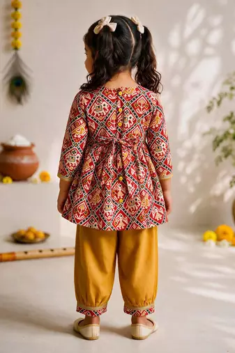 Sishu girls red & mustard patola print cotton angarakha kurta with pant