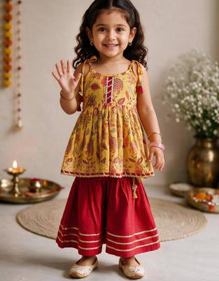 Sishu girls red & mustard floral print cotton kurti with sharara 1
