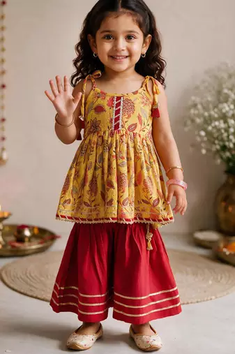 Sishu girls red & mustard floral print cotton kurti with sharara