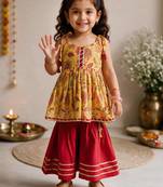 Sishu girls red & mustard floral print cotton kurti with sharara