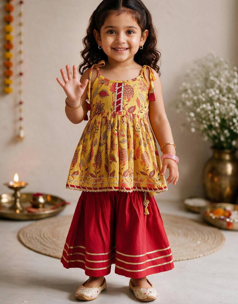 Sishu girls red & mustard floral print cotton kurti with sharara