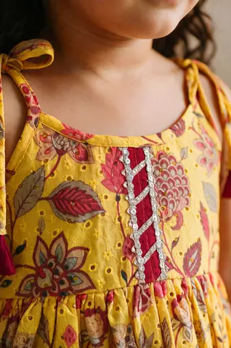 Sishu girls red & mustard floral print cotton kurti with sharara