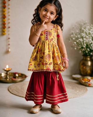 Sishu girls red & mustard floral print cotton kurti with sharara 3