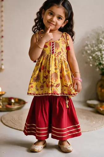 Sishu girls red & mustard floral print cotton kurti with sharara