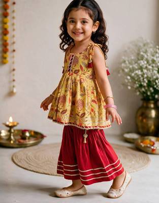 Sishu girls red & mustard floral print cotton kurti with sharara 4