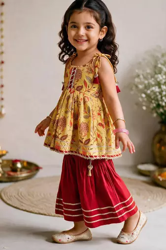 Sishu girls red & mustard floral print cotton kurti with sharara
